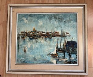 Roger Escudie Signed Oil on Canvas Noirmoutier Le Port Harbor Boats Framed