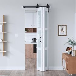 32"x 84" (Double 16" x 84") Bifold Barn Door, Bifold Sliding Barn Door with Hardware Kit, Solid MDF Wood Slab Covered with Water-Proof PVC