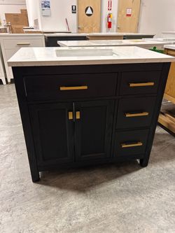 37” Solid Wood Bathroom Vanity Cabinet with Stone Countertop (Damaged)