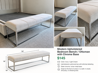 Modern Ivory Bedroom Bench / Ottoman with Chrome Base