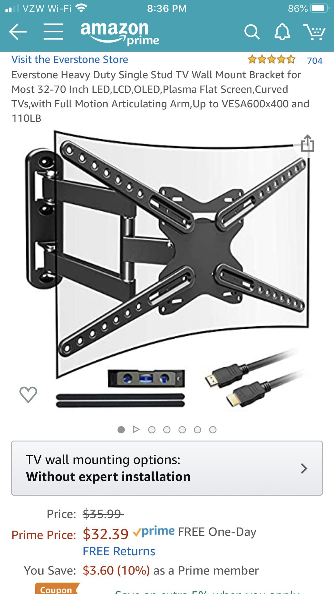 Everstone Heavy Duty Single Stud TV Wall Mount Bracket for Most 32-70 Inch LED,LCD,OLED,Plasma Flat Screen,Curved TVs,with Full Motion Articulating A