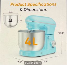 BLUE 4.2QT (10) SPEED STAND MIXER, EQUIPPED WITH BEATER, DOUGH HOOK AND FLAT MIXING PADDLE