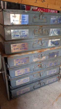 1) vintage chief parts bin hardware chest 4 drawer with 3 extra drawers full of hardware tool box screws bolts tray