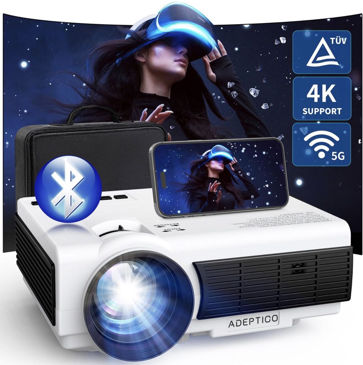Adeptico Projector with WiFi and Bluetooth 450 ANSI Native 1080P Portable