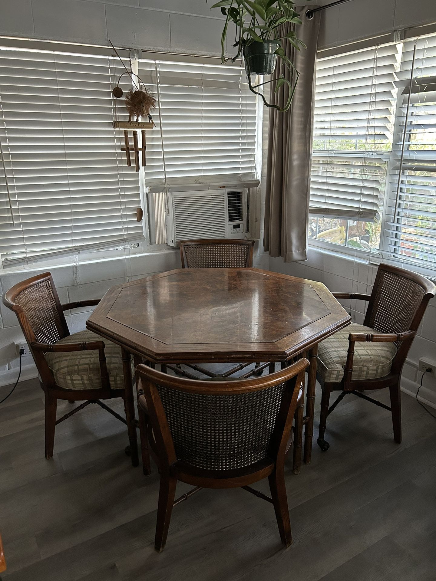 VINTAGE MID CENTURY FAUX BAMBOO DINING TABLE AND 4 CHAIRS ON CASTORS