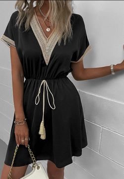 Small Crochet V Neck Boho A-Line Dress