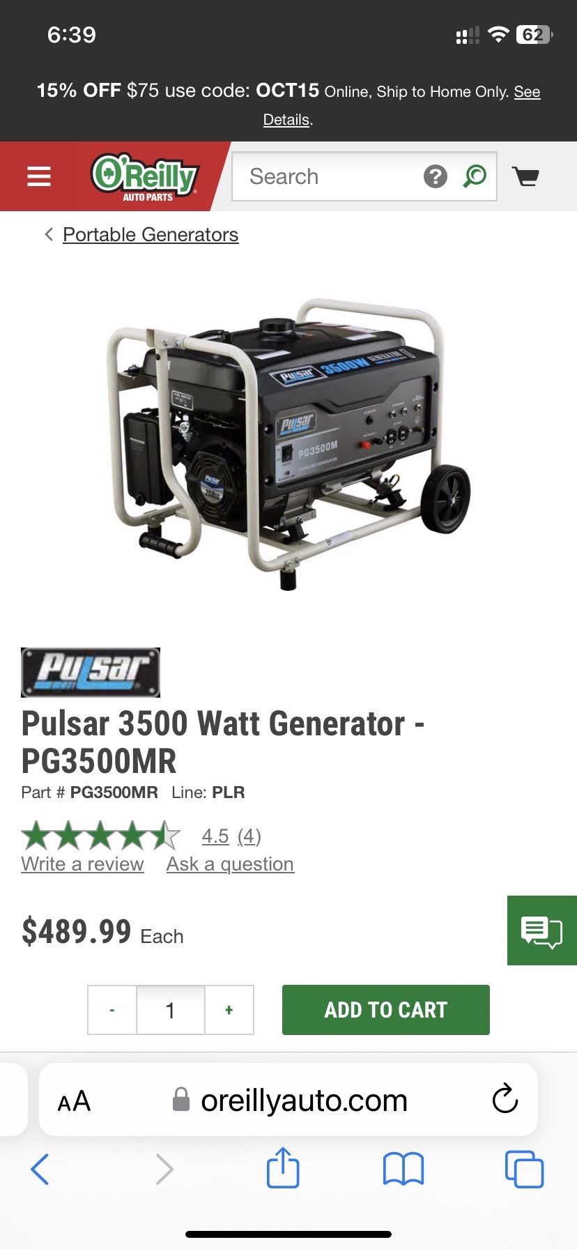 Pulsar 3500 Watt Generator New In Box