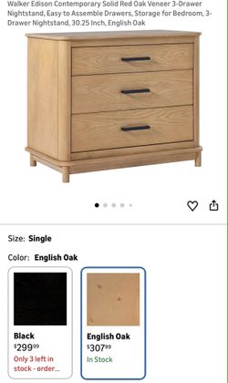 NEW: Walker Edison Contemporary Solid Red Oak 3-Drawer Nightstand