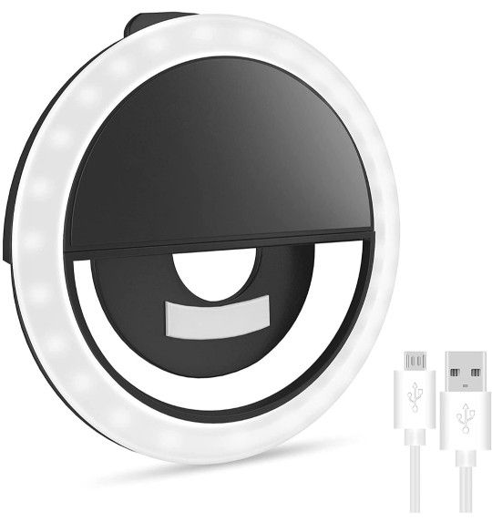 Selfie Ring Light for iPhone & Android, Rechargeable Portable Clip-on Selfie Light for Smart Phone Camera, Girls Makeup Black