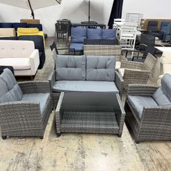 Grey 4-Piece Iron Plastic Rattan Patio Furniture Set with Dark Grey Cushions