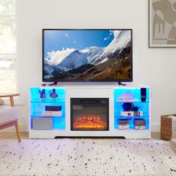 Upsprout 1 White TV Stand with Electric Fireplace, Modern LED Glass Shelves, MDF Wood, USB Charging & Power Outlets, Living Room Entertainment Center 
