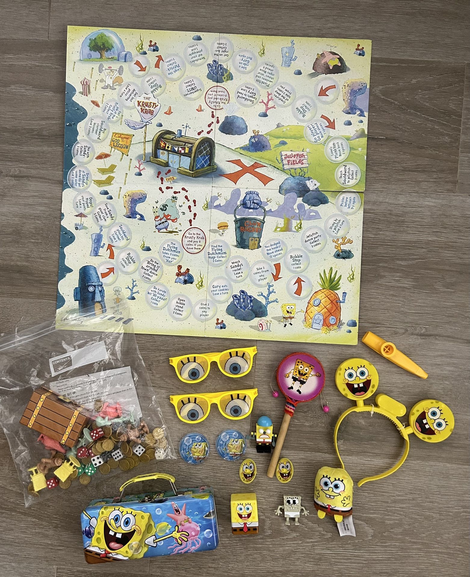 Huge Lot Of Various Sponge Bob Square Pants Toys Board Game Sunglasses Plush Spinner Storage Pail