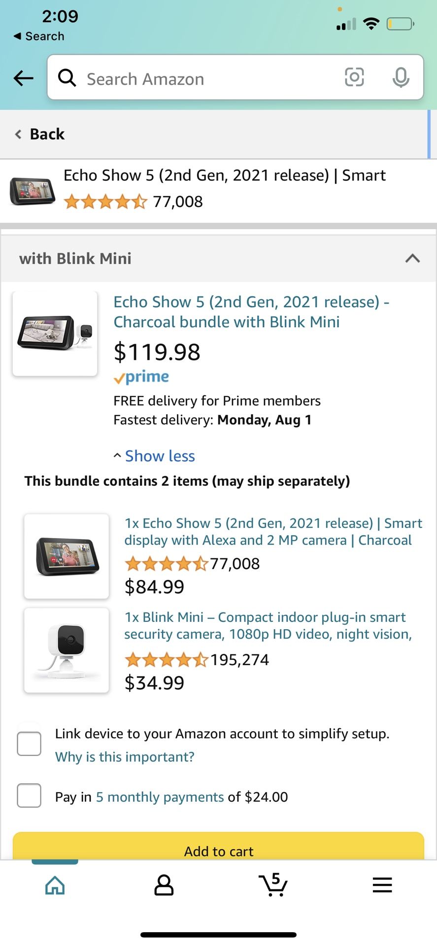 Echo Show 5 (2nd Gen, 2021 release) - Charcoal bundle with Blink Mini