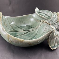 Large Teal Leaf Shaped Ceramic Pottery Dish with Butterfly Tabletop Decor  