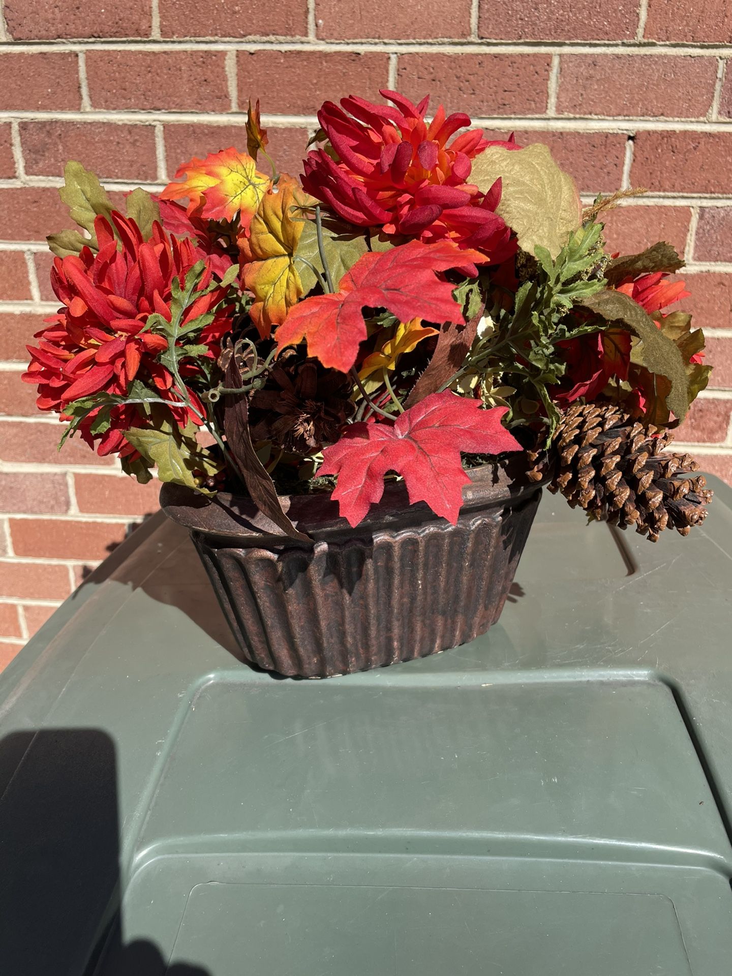 Big Container Of Fall Flowers Pine cones