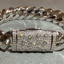 Miami Cuban Link Bracelet Rhodium Plated Sterling Silver VVS Moissanite Lock