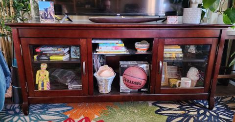 Nice wood TV and Stereo stand w Glass cabinet and shelf