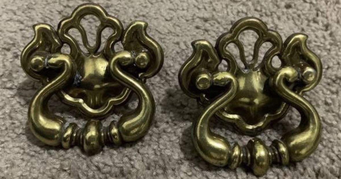 Vintage Set Of 2 Brass Drop Bail Pull Handles Knobs With Screws DIY Project