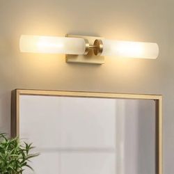 Brass Wall Sconce, Vintage Bathroom Vanity Light Solid Brass Wall Light, 2-Light Frosted Glass