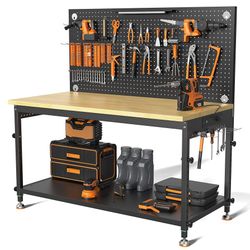 48" Heavy Duty Work Bench Adjustable Height Max Load 2000 LBS with Storage Shelf for Garage Workbench, Rubberwood Tabletop with Pegboard, LED Light, B