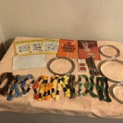 Vintage Lot Of Embroidery Hoops Color Floss Transfers Books Needles & Ribbon