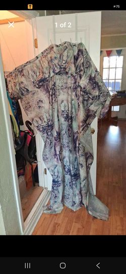 Purple and blue fabric shower curtain