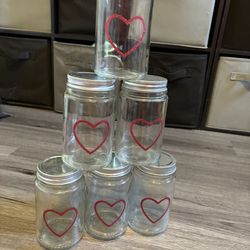 Set Of 6  Glitter Heart Glass Jars 