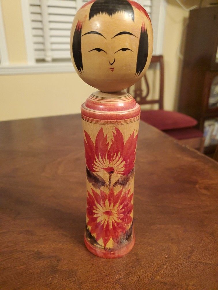 Vintage Wood Japanese Kokeshi Of Naruko Chrysanthemum Flower Design.