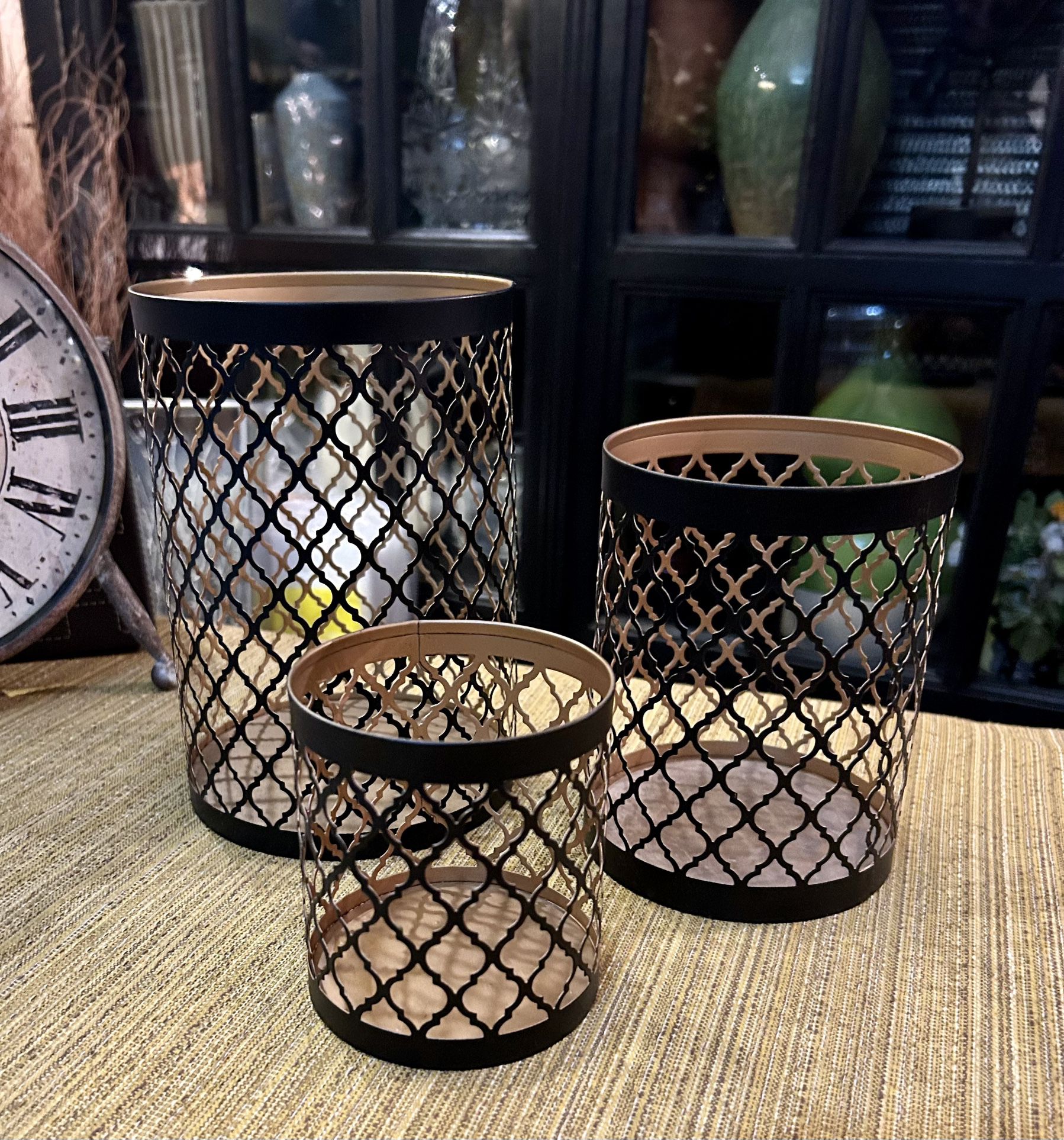 Set Of 3 Metal Copper And Black Candle Holders 