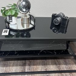 Brand New Black Faux Marble And Black Top Glass Coffee Table