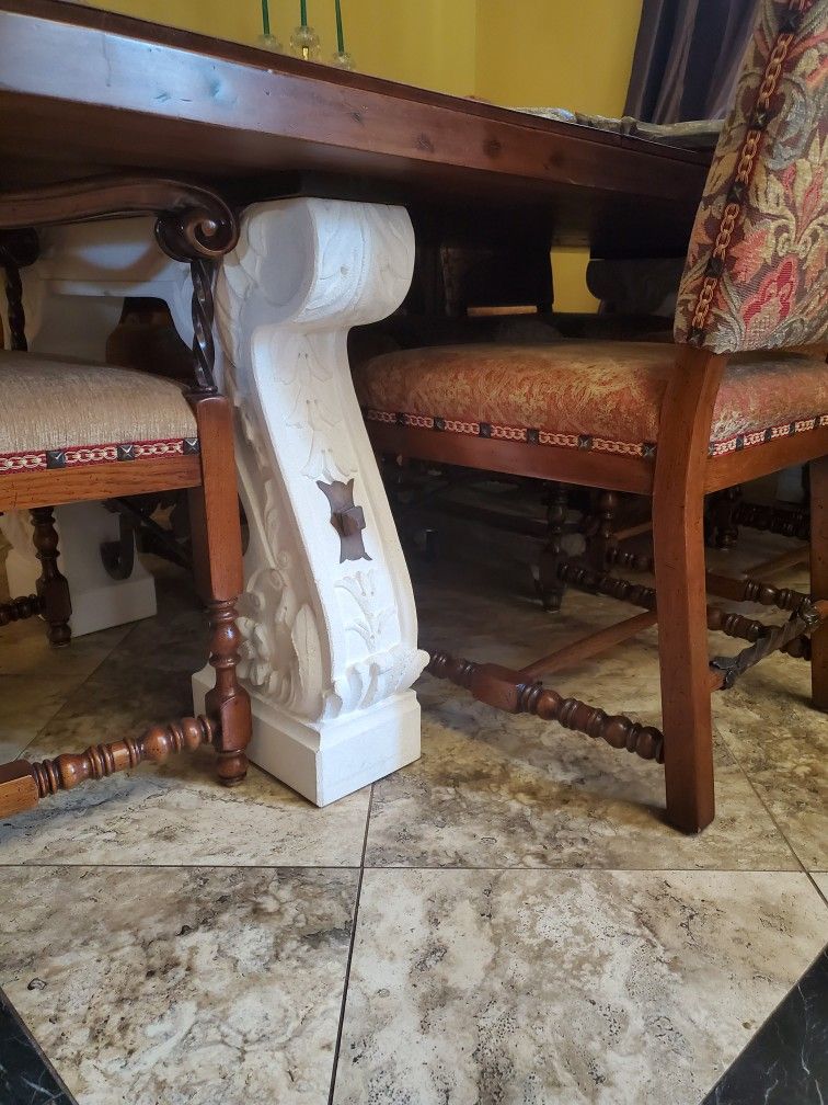 Custom Dinning Room Table, 116 Inches Long, Hand Crafted Chairs, Solid Wood And Limestone