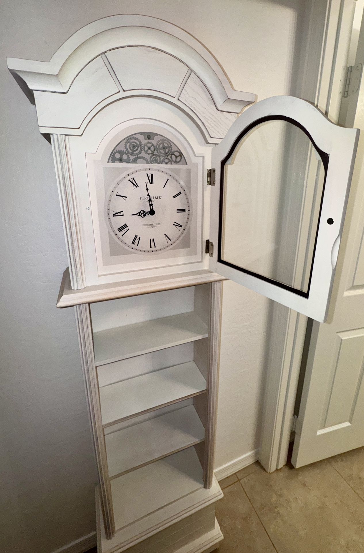 Antique Off White Grandfather Clock Analog Rectangle Floor Coastal Feminine Antique Shabby Chic Grandfather floor clock