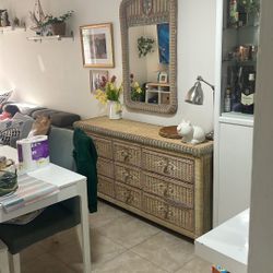 Vintage Antique Wicker Dresser And Mirror 