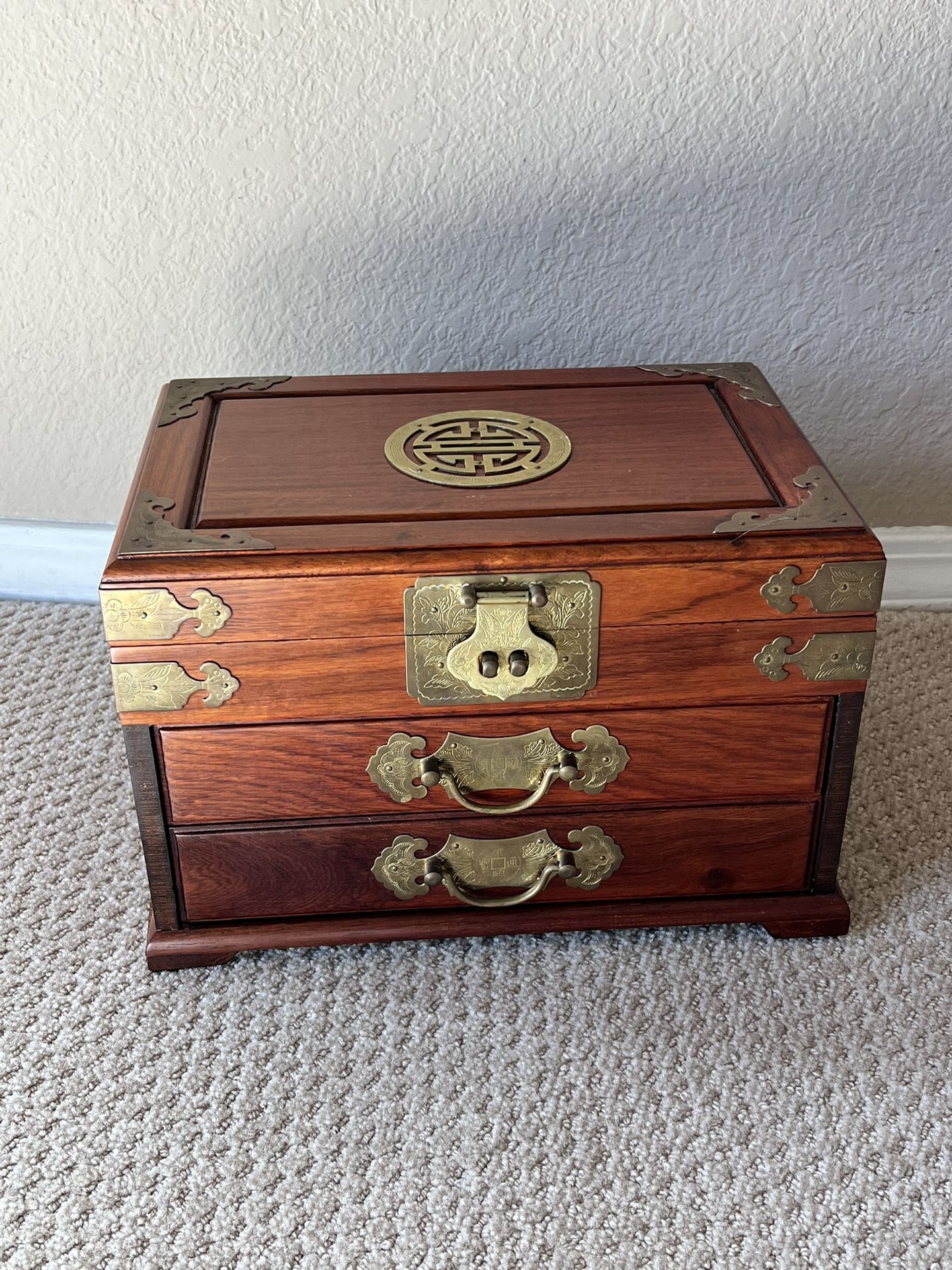 Vintage Asian Chinese Jewelry Box Solid Wood