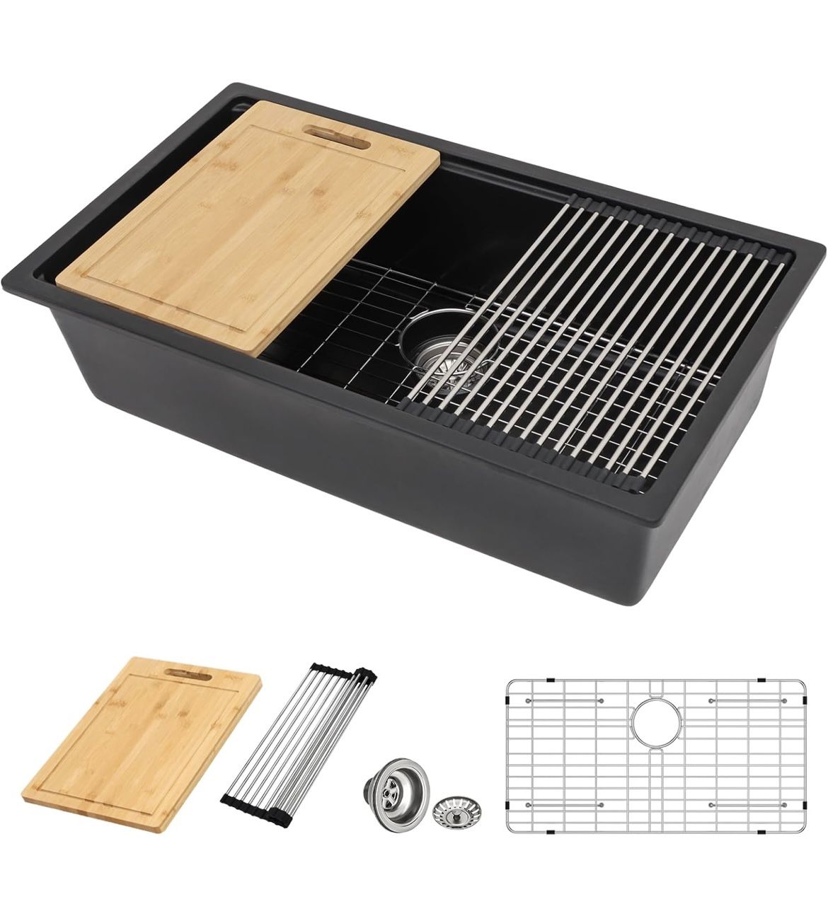 New 30” x 19” Undermount Kitchen Sink Black Granite Composite Workstation Sink 16 Guage