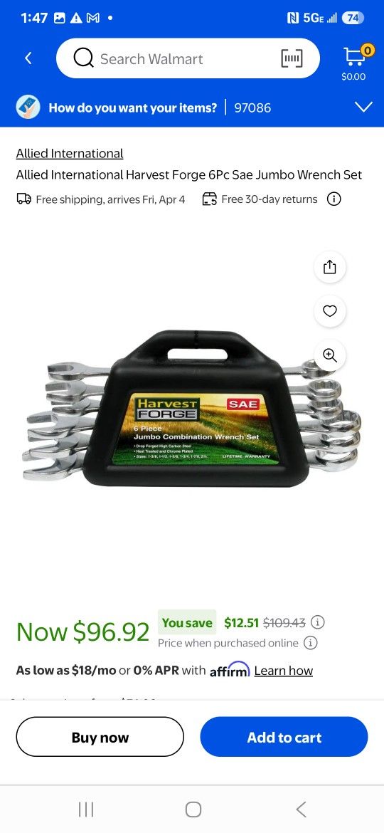 HARVEST FORGE 6PC JUMBO COMBINATION WRENCH SET