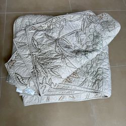 🌿 Set 4 PB quilt & 3 shams embroidered leaves beige tan euro king EUC Pottery Barn