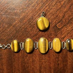 Vintage Sterling Silver Tiger Eye Bracelet And Pendent