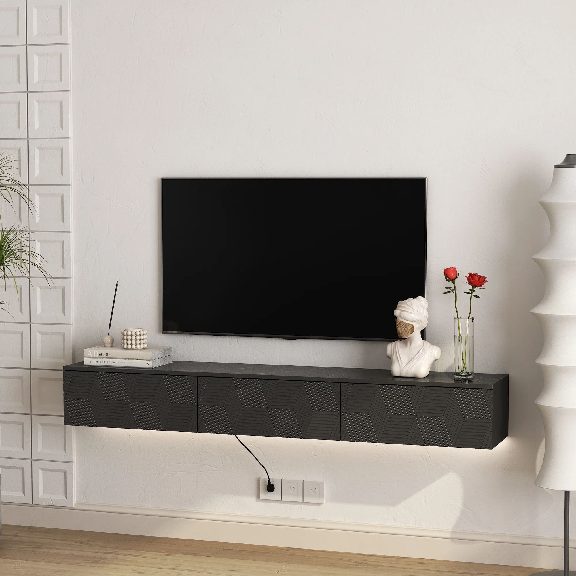 67” Black Modern Designed Panel Floating / Wall-Mounted TV / Media Stand w/ LED Lights & Storage Cabinets [NEW] **Retails for $270 ^Assembly Req^
