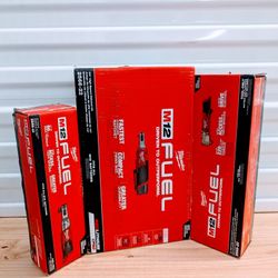 Milwaukee M12 1/2" ratchet, 1/2" right angle impact wrench, 1/4" ratchet with 2x2ah battery charger 