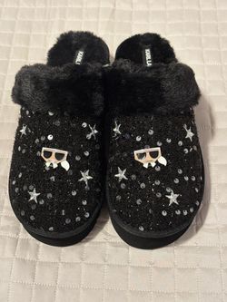 Karl Lagerfeld Black Sequin Fur Slippers 8.5