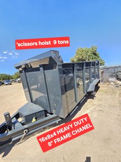 SUPER HEAVY DUTY DUMP TRAILER 16X8X4 FT 2 AXLES,ELECTRIC
SCISSOR HOIST 10 TON CAPACITY 
SWING AND SIDE DOORS
BRAKES 4 WHEELS, TOOL BOX,LED LIGHTS,SPAR