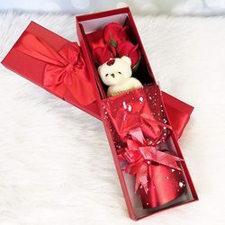 Flower Bouquet 3 Scented Soap Roses Gift Box with Cute Teddy Bear Valentine's Present 13.5 x 4 x 2.5 inches (RED)