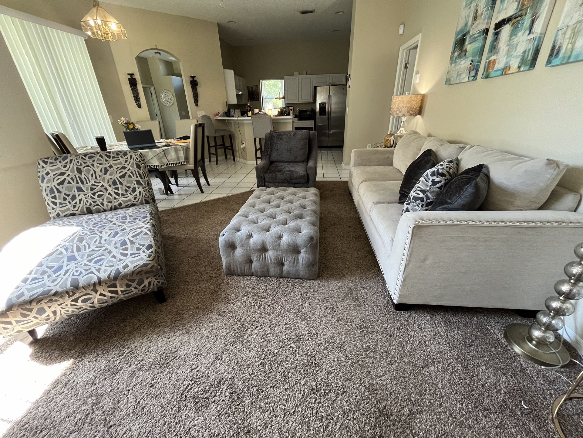 Beautiful modern beige, dark gray and silver tones 4 piece living room set