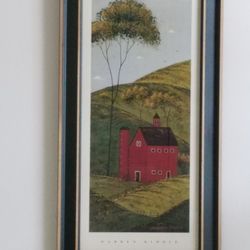 Warren Kimble American Folk Art framed print "Barn in Hills" in good condition.