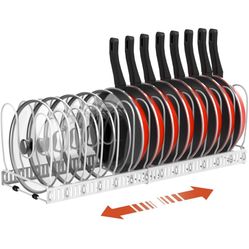 Pot and Pan Organizer Rack for Cabinet, Upgraded Expandable Pot Lid Organizer with 14 Adjustable Dividers, Pan Holder Storage Rack for Kitchen Cabinet