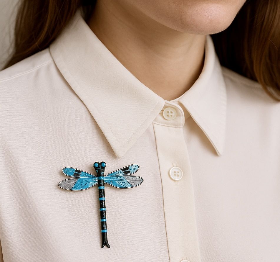 Vintage 1980s Enamel Dragonfly Brooch Blue & Black, 1.5x2”