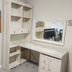 White Bookshelf Glasstop Corner Desk Combo With Lots Of Storage Shelves  Laptop  Pullout Shelf N 6 Drawers Vintage