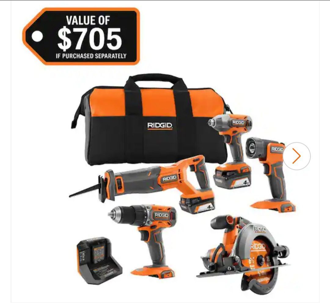 RIDGID
18V Cordless 5-Tool Combo Kit with (2) 4.0 Ah Batteries, Charger, Tool Bag, and
Accessories