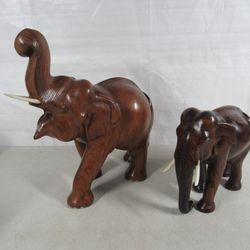 Asian Folk Art Elephants Pair Hand Crafted Heavy Wood Decor Statues
